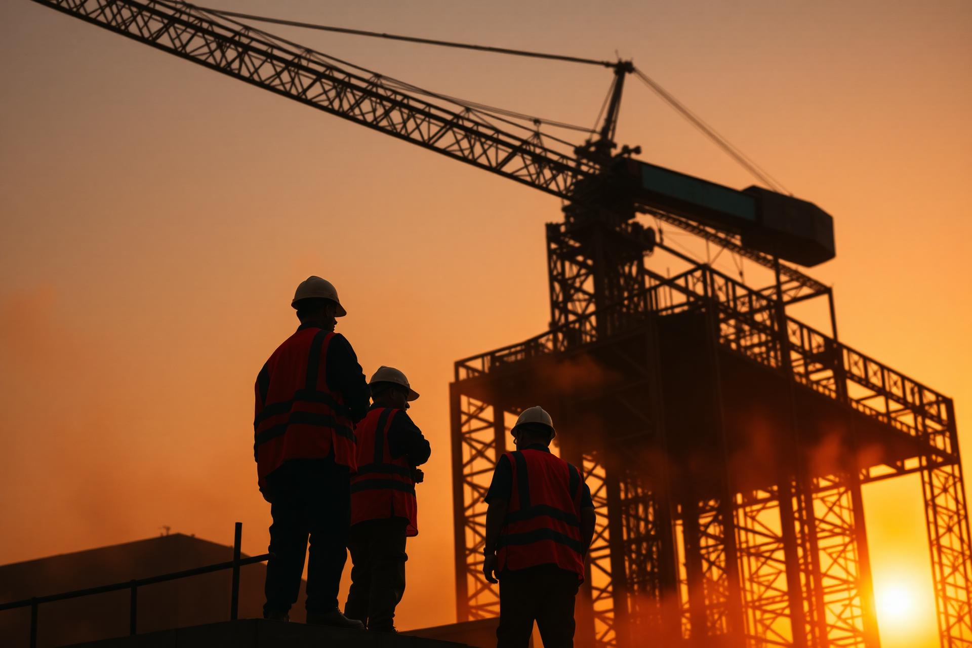 Construction crew at a Southeast job site at sunset
