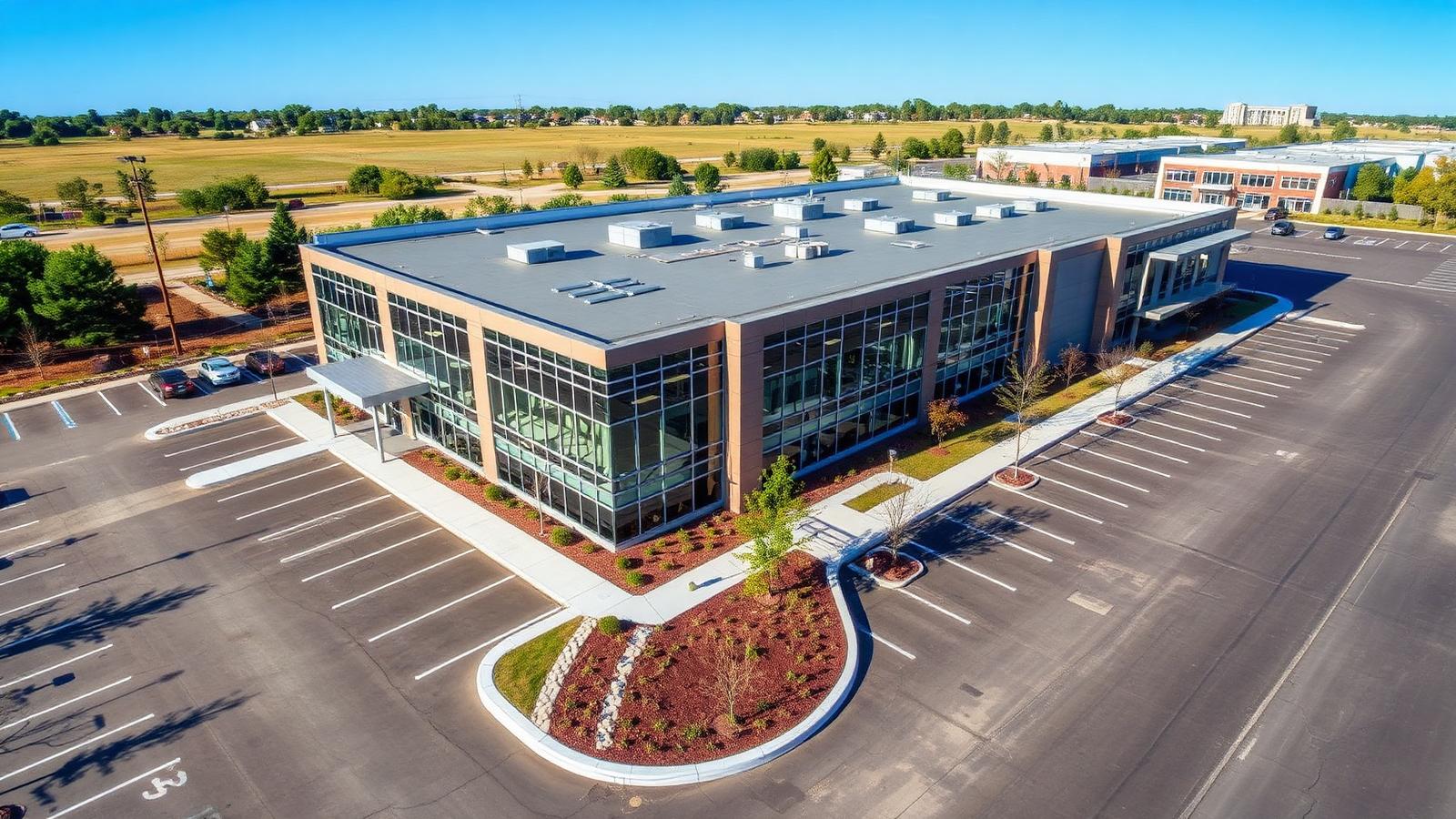 Aerial view of a completed commercial building